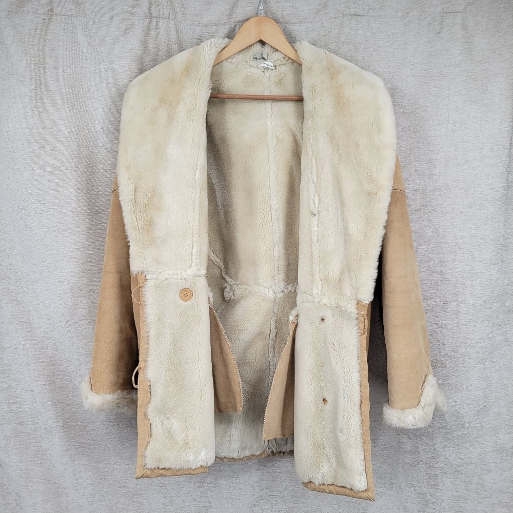 Vintage 80s Women's Tan Suede Leather with Faux Fur Lining Coat - Picture 7 of 13